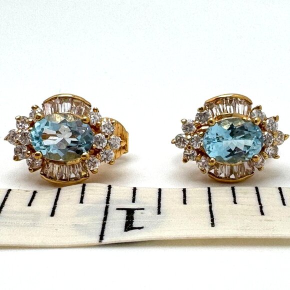 Blue Topaz CZ Earrings Clip Gold Tone December Birthstone December Birthstone - Picture 3 of 5